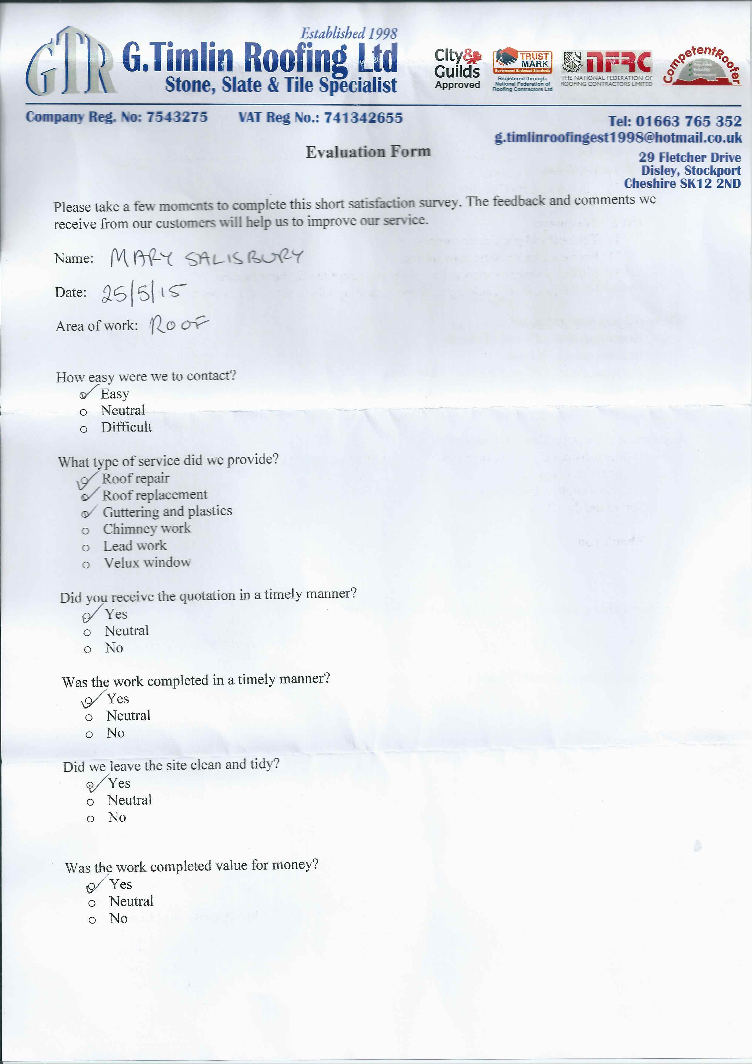 testimonial, Re-Roofing, Lead Work, Chimney Stacks, Plastics, Repairs and Maintenance, Stockport, Cheshire, High Peak, G Timlin Roofing